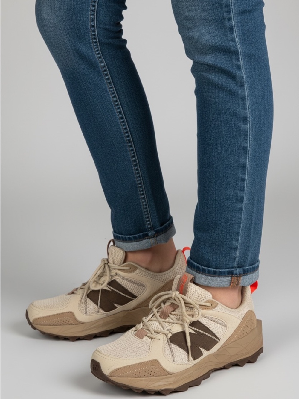 New Balance Beige and Brown Trail Sneakers with Orange Accent